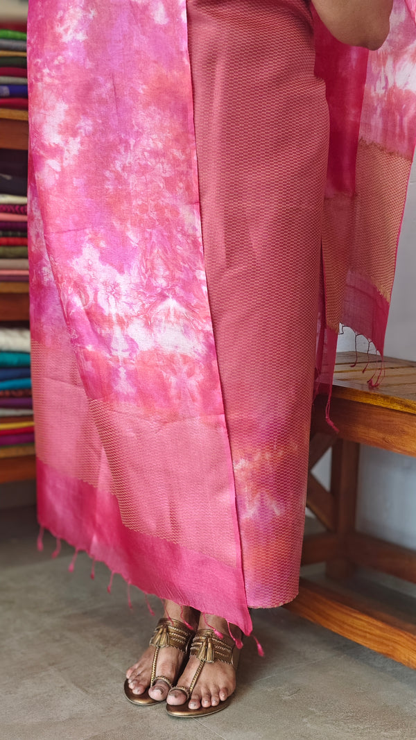 Dark Pink Woven Tussar Silk Shibori Suit - 2938