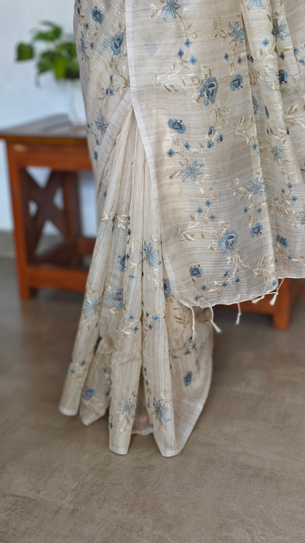 Light Beige and Greyish Blue Kota Saree with Cross Stitch Embroidery - 5033