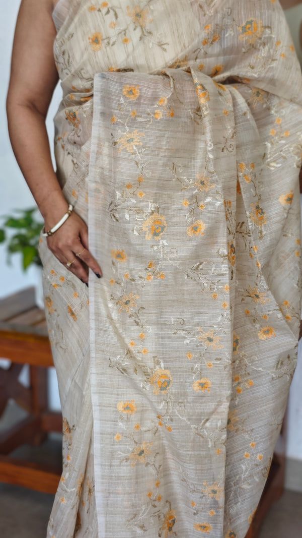 Light Beige and Mustard Kota Saree with Cross Stitch Embroidery - 5033