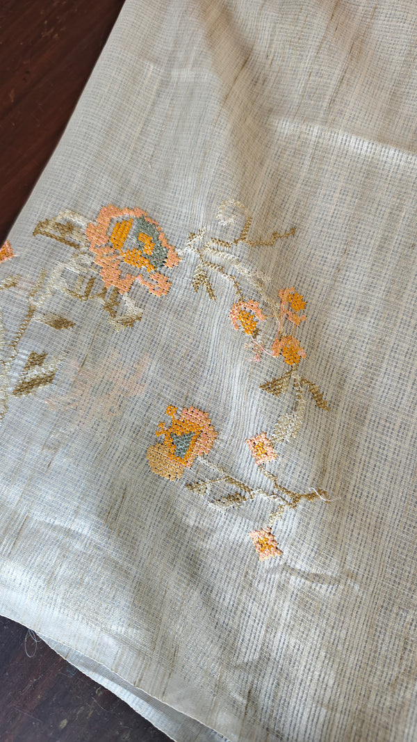 Light Beige and Mustard Kota Saree with Cross Stitch Embroidery - 5033