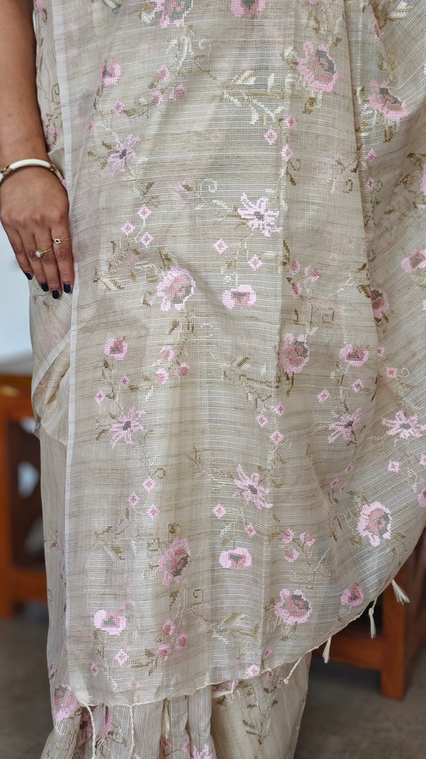 Light Beige Lilac and Green Kota Saree with Cross Stitch Embroidery - 5033