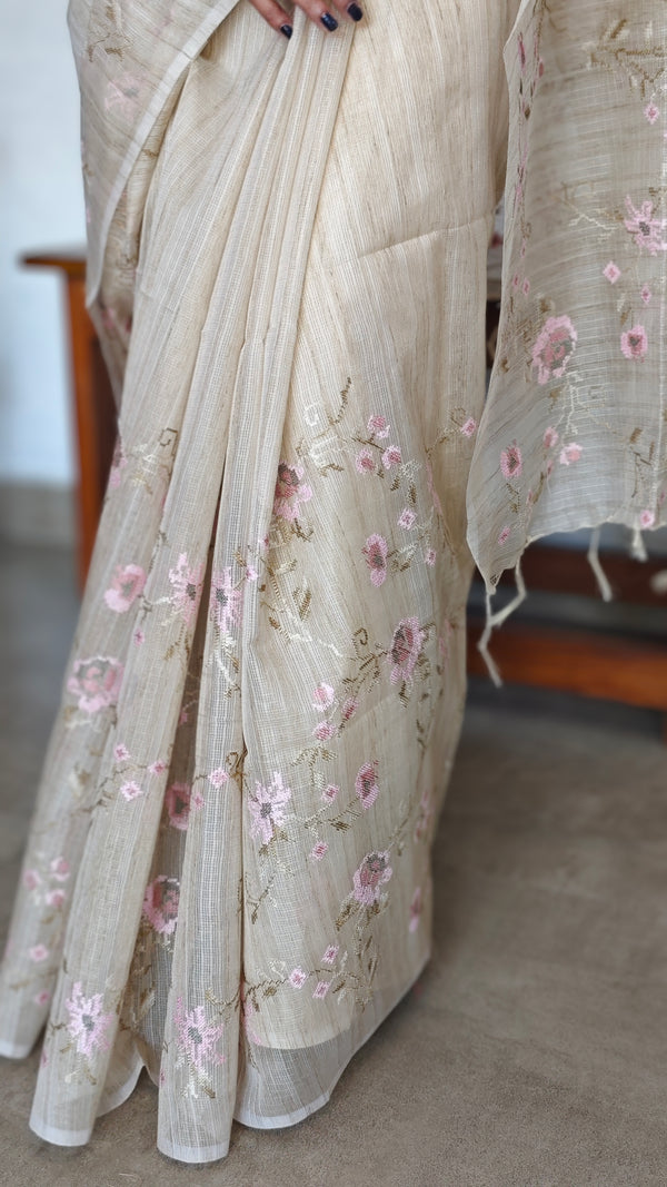 Light Beige Lilac and Green Kota Saree with Cross Stitch Embroidery - 5033