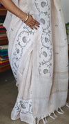 Light Beige and Green Linen Saree with Cross Stitch Prints - 934G