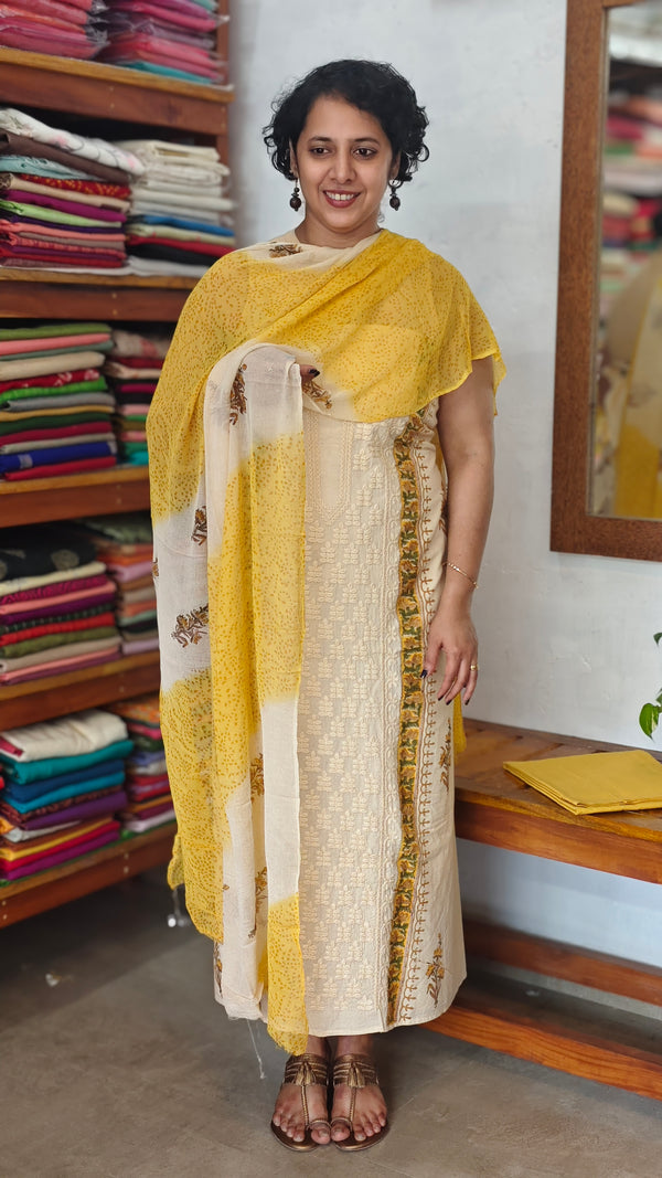 Cream and Mustard Block Printed Cotton Suit - L425