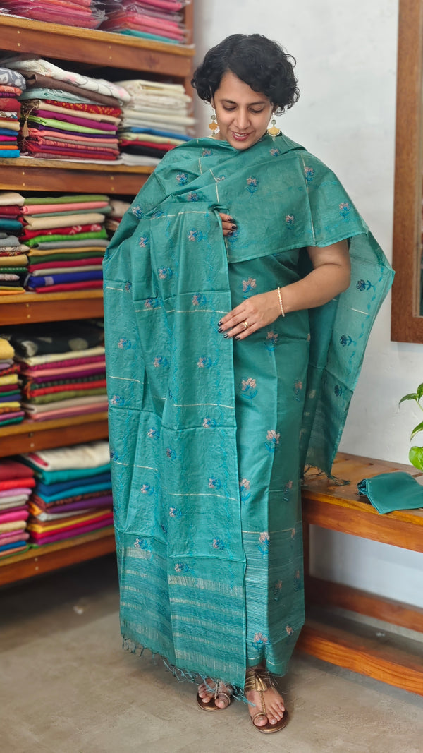 Peacock Green Embroidered Noel Tussar Silk Suit - 4955