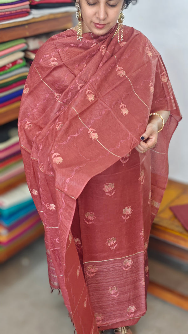 Rust Brown Embroidered Noel Tussar Silk Suit - 4955