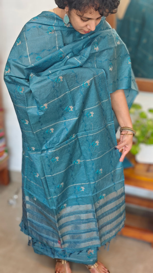 Peacock Blue Embroidered Noel Tussar Silk Suit - 4955