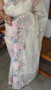 Breezy Beige Embroidered Crushed Organza Saree - PLM4