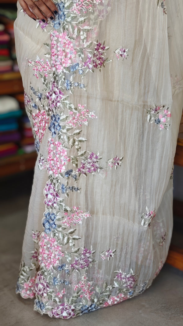 Breezy Beige Embroidered Crushed Organza Saree - PLM4
