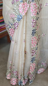 Breezy Beige Embroidered Crushed Organza Saree - PLM4