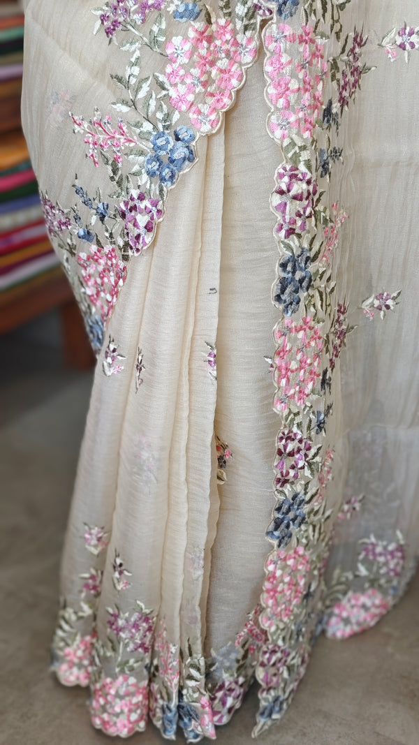Breezy Beige Embroidered Crushed Organza Saree - PLM4