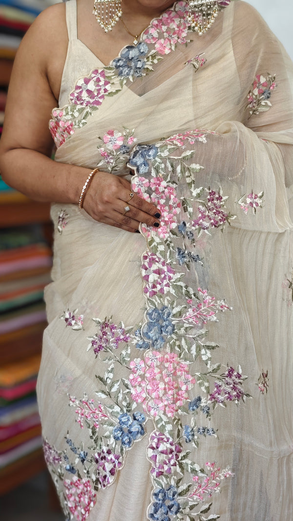 Breezy Beige Embroidered Crushed Organza Saree - PLM4