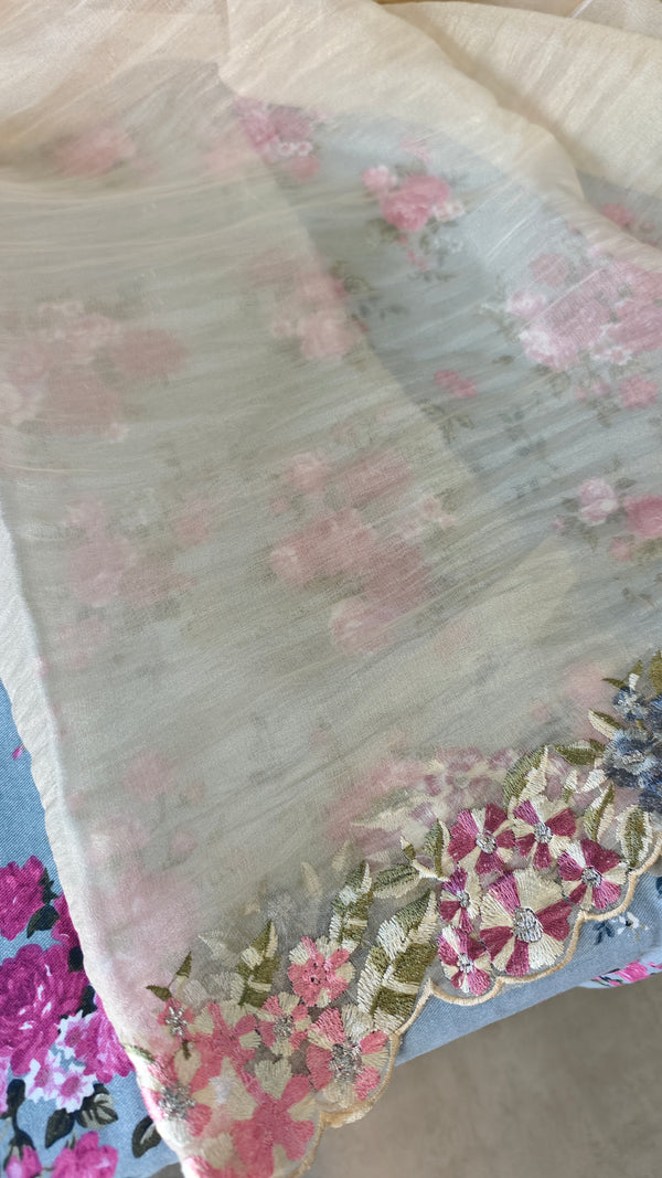 Breezy Beige Embroidered Crushed Organza Saree - PLM4