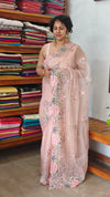 Pastel Peach Embroidered Crushed Organza Saree - PLM4