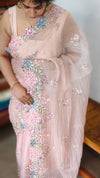 Pastel Peach Embroidered Crushed Organza Saree - PLM4