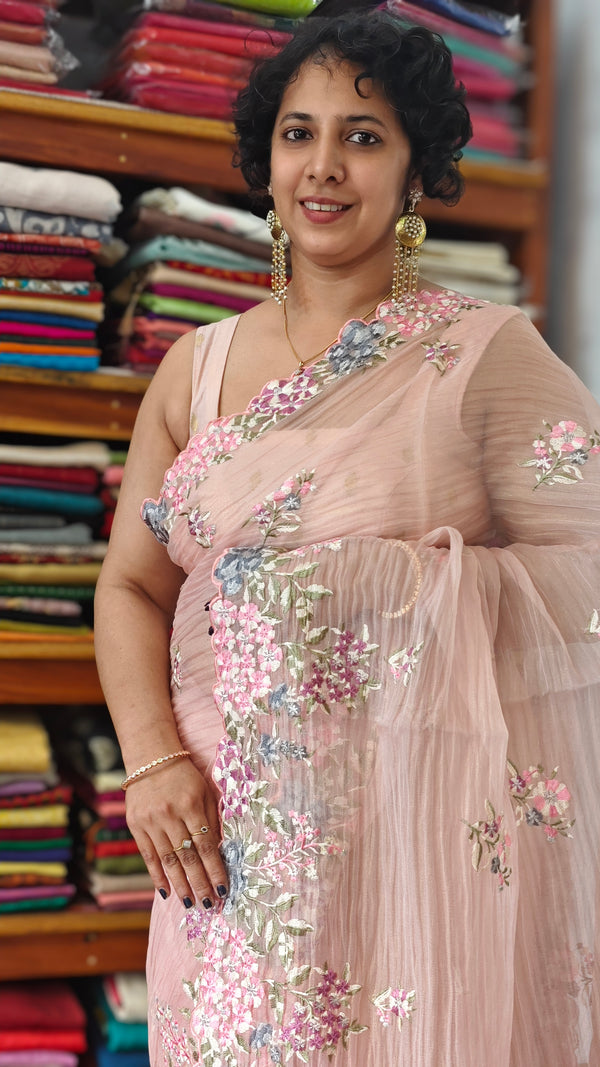 Pastel Peach Embroidered Crushed Organza Saree - PLM4
