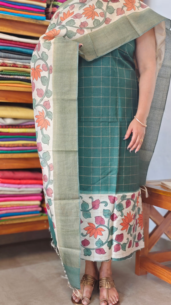 Bottle Green Checked Silk Suit with floral painting - FF192