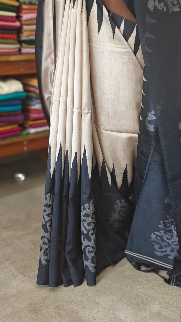 Black Cream and Brown Printed Khatan Silk Saree - MYT3