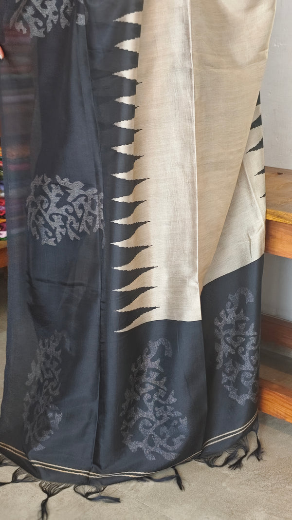 Black Cream and Brown Printed Khatan Silk Saree - MYT3