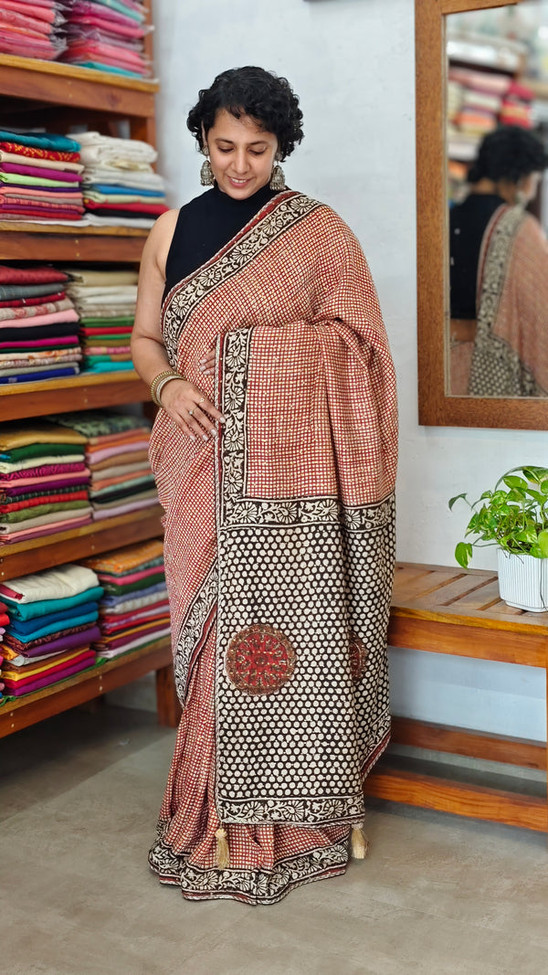 Brick Red and cream block printed Crepe Linen Saree - 4929