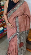 Brick Red and cream block printed Crepe Linen Saree - 4929
