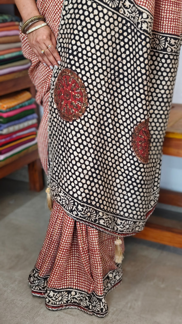 Brick Red and cream block printed Crepe Linen Saree - 4929
