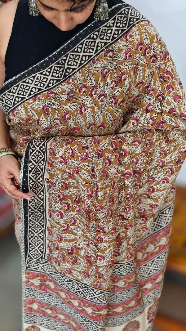 Mustard Block Printed Crepe Linen Saree - 4929