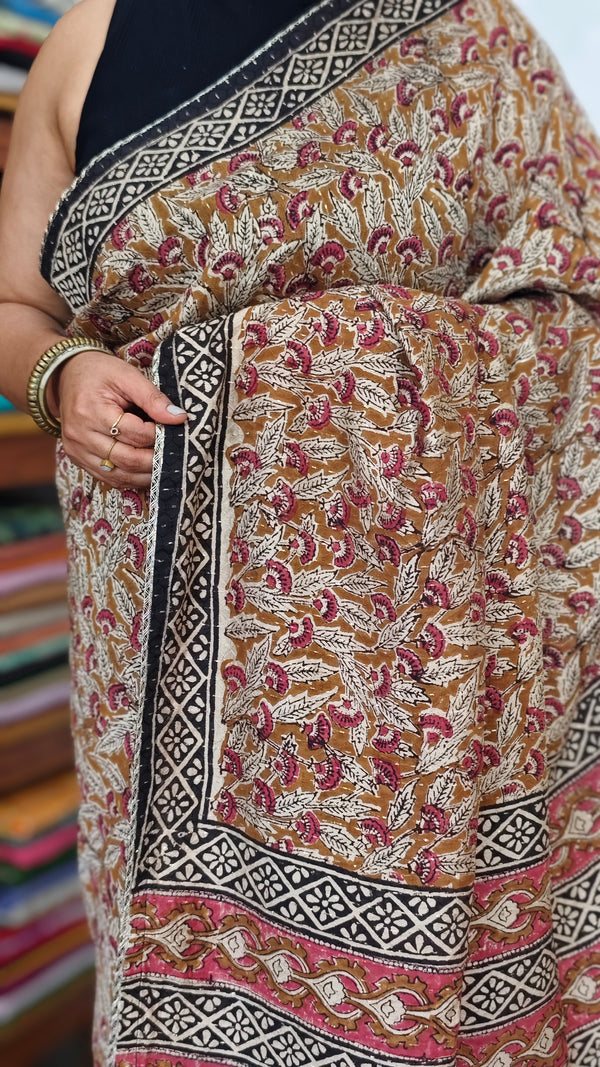 Mustard Block Printed Crepe Linen Saree - 4929