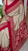Beige and Red Block Semi Silk saree