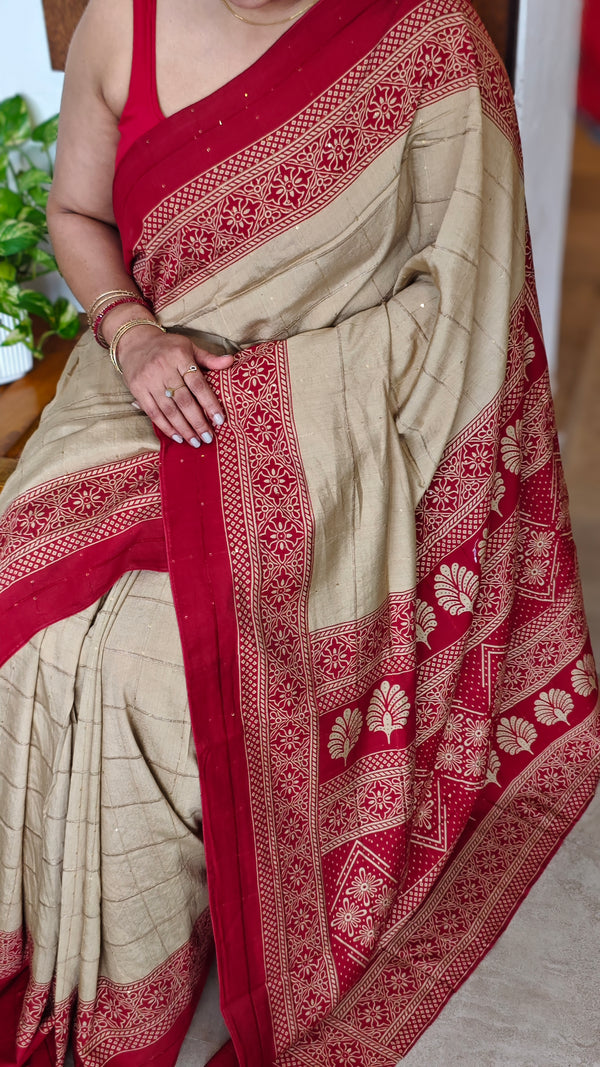 Beige and Red Block Semi Silk saree