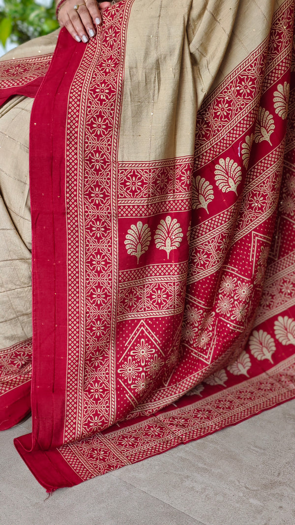 Beige and Red Block Semi Silk saree