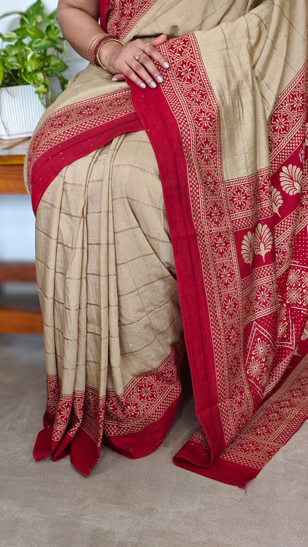 Beige and Red Block Semi Silk saree
