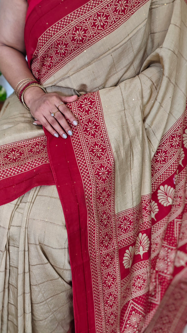 Beige and Red Block Semi Silk saree