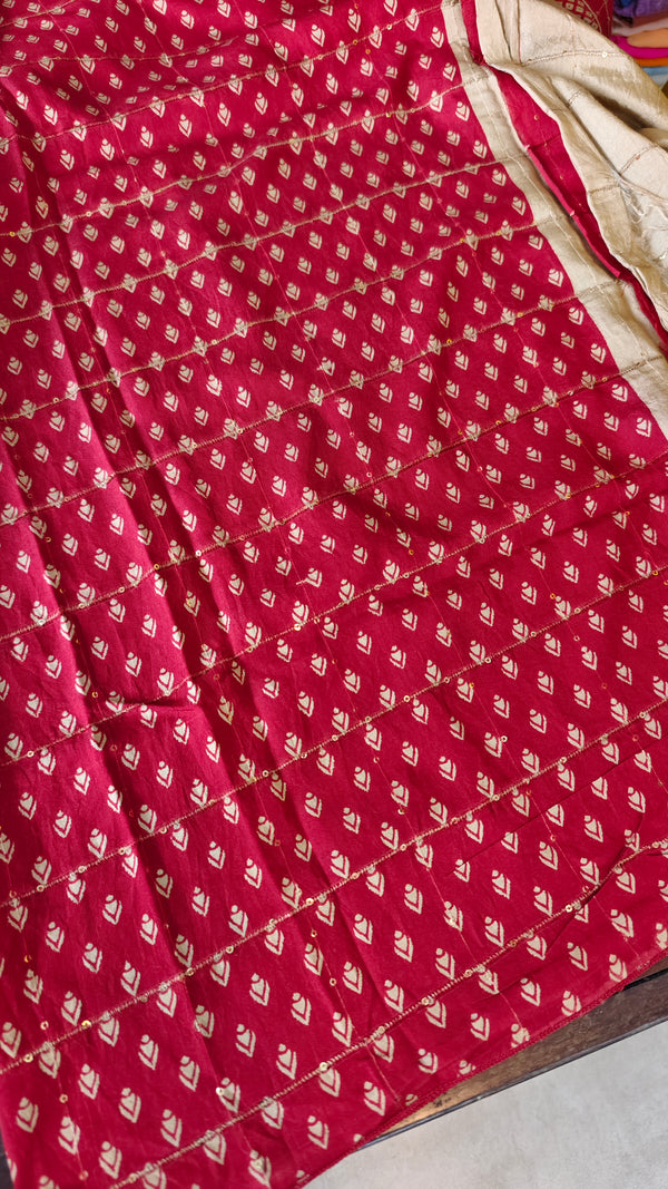Beige and Red Block Semi Silk saree