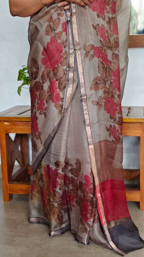 Taupe Kota Silk Floral Printed Saree - KTS3