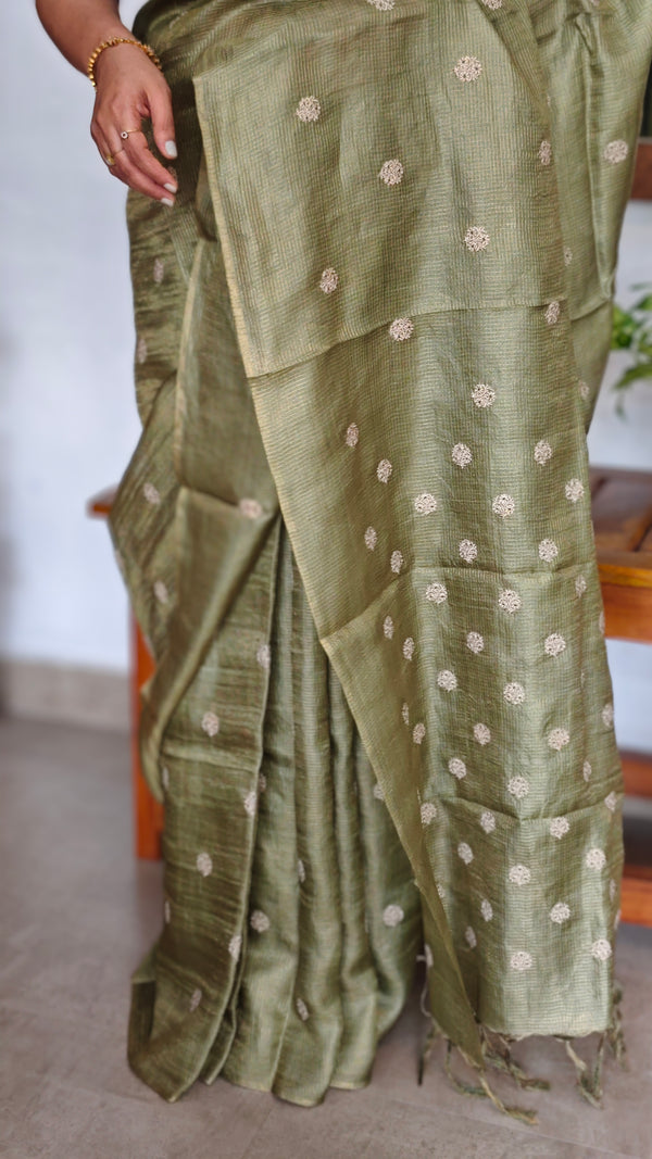 Moss Green Zari Checked Tussar Silk Saree - NZ91