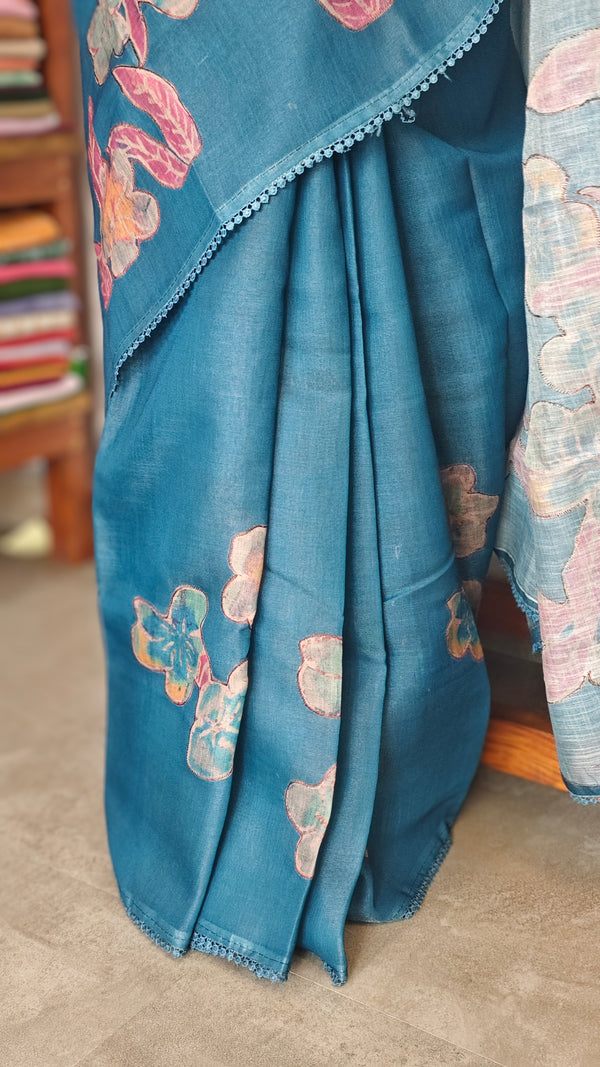 Blue Printed Tissue Linen Saree - NPR8