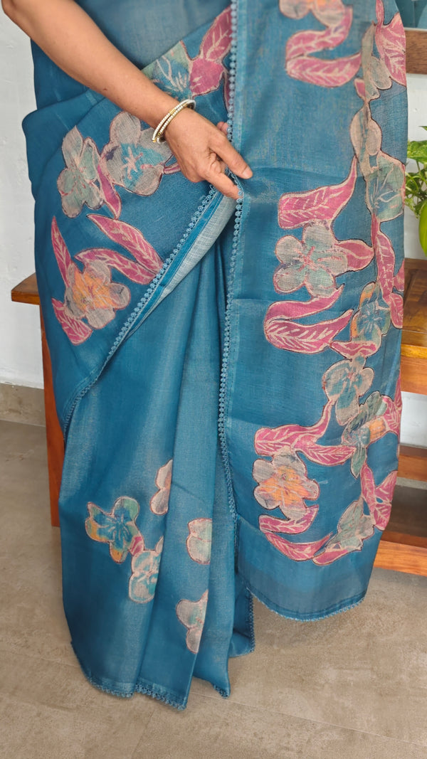Blue Printed Tissue Linen Saree - NPR8