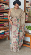 Beige Printed Linen Tissue Saree - NPR8