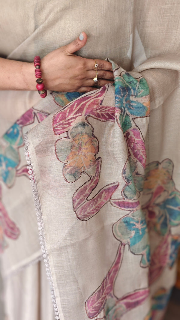 Beige Printed Linen Tissue Saree - NPR8