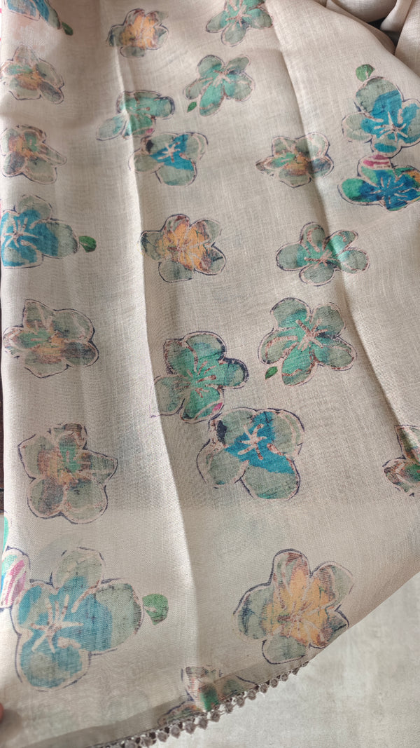 Beige Printed Linen Tissue Saree - NPR8