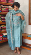 Teal Blue Tussar Silk Suit with Multi Thread Cross Stitch Embroidery - FNA4