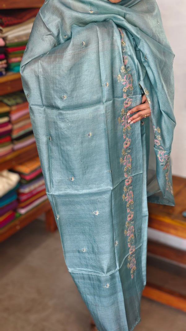 Teal Blue Tussar Silk Suit with Multi Thread Cross Stitch Embroidery - FNA4