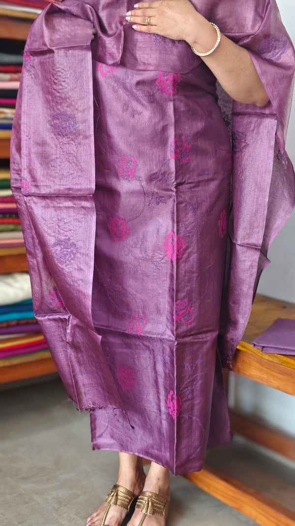 Wine Purple Tussar Silk Suit with Cross Stitch Embroidery - FNA4