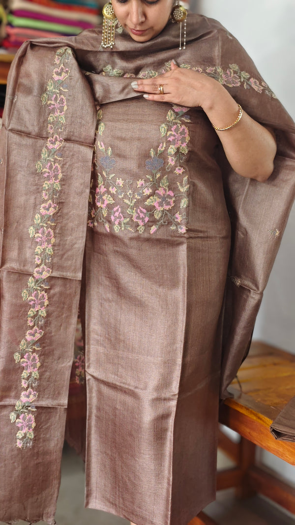Brown Tussar Silk Suit with Multi Thread Cross Stitch Embroidery - FNA4