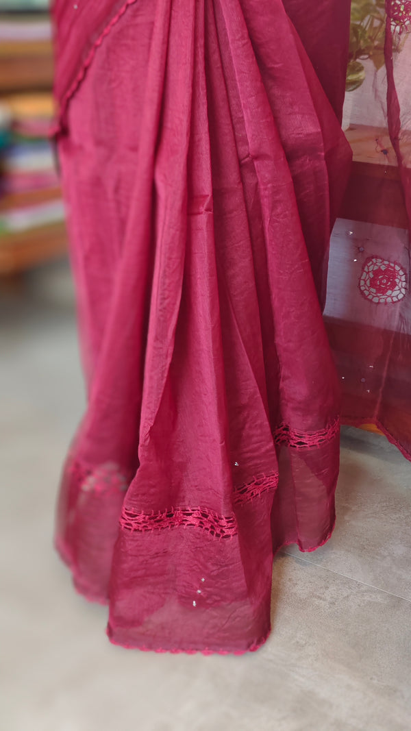 Maroon Super net Kota Saree with Crochet work - 9818