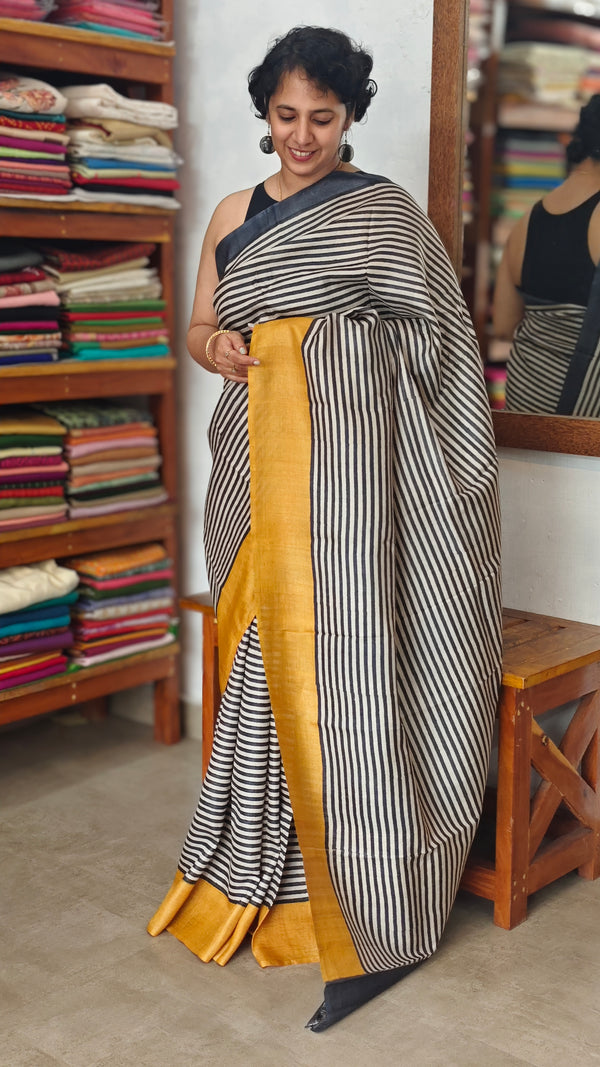 Black and White Striped Desi Tussar Silk Saree