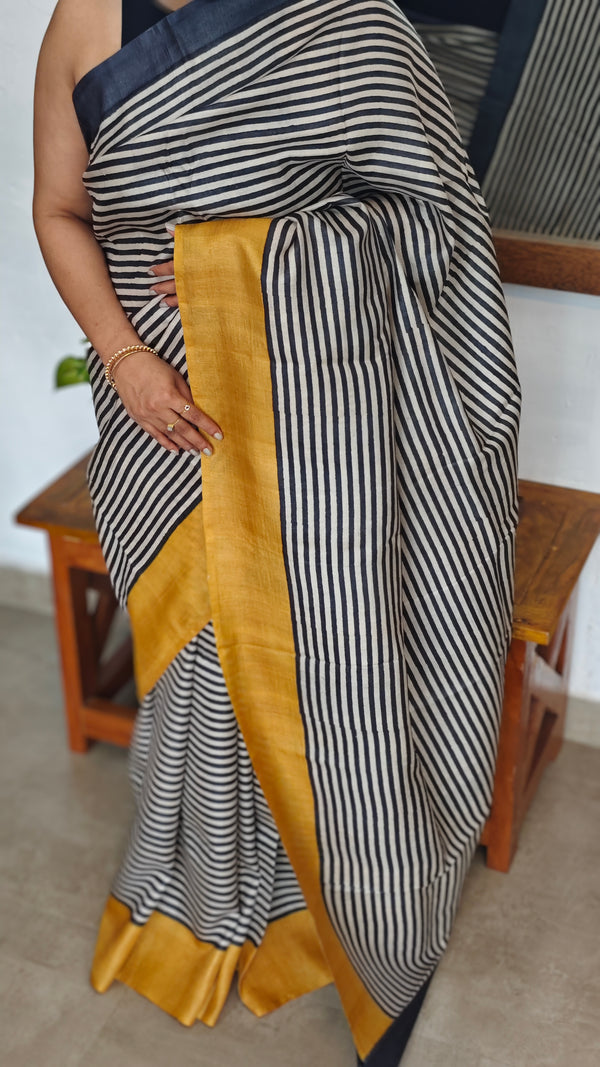 Black and White Striped Desi Tussar Silk Saree