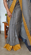 Black and White Striped Desi Tussar Silk Saree