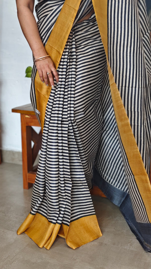Black and White Striped Desi Tussar Silk Saree